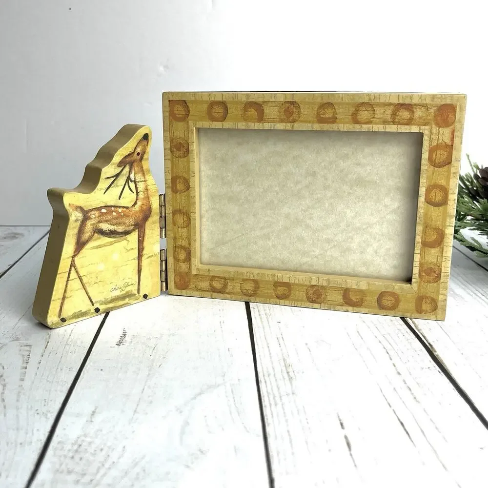 Vintage 2001 Cheri Blum Holidays Hinged Picture Frame Deer Fawn Wood Tone Nature